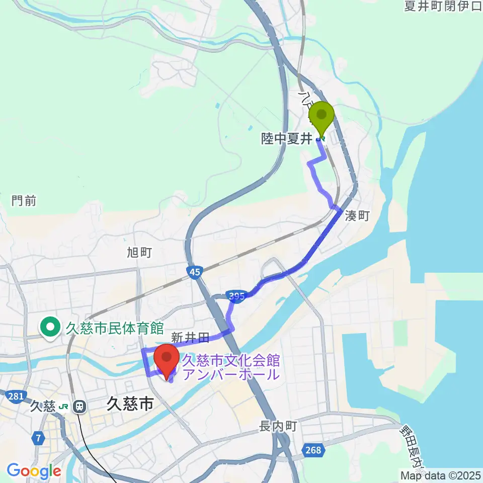 陸中夏井駅から久慈市文化会館 アンバーホールへのルートマップ地図