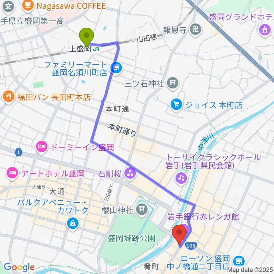 プラザおでっての最寄駅上盛岡駅からの徒歩ルート（約23分）地図