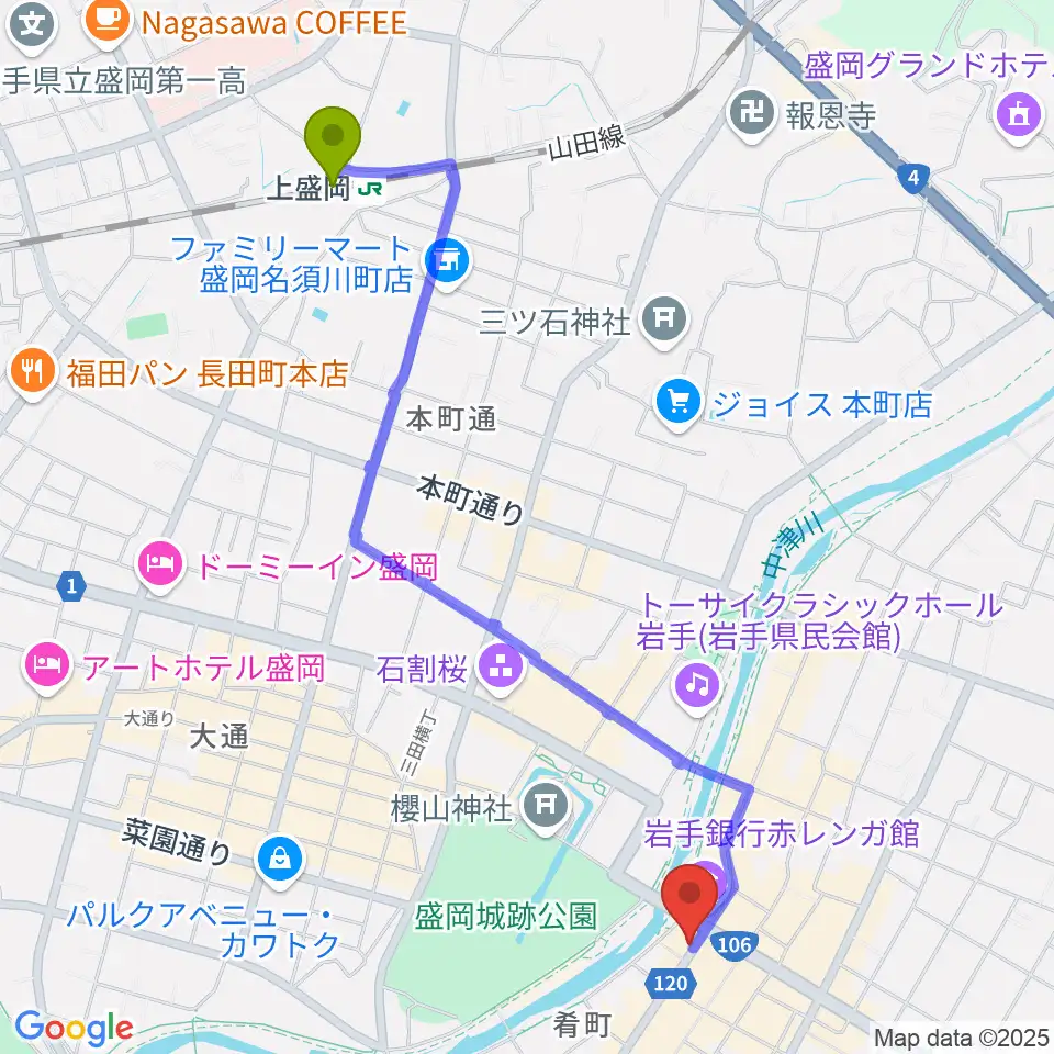 プラザおでっての最寄駅上盛岡駅からの徒歩ルート（約23分）地図