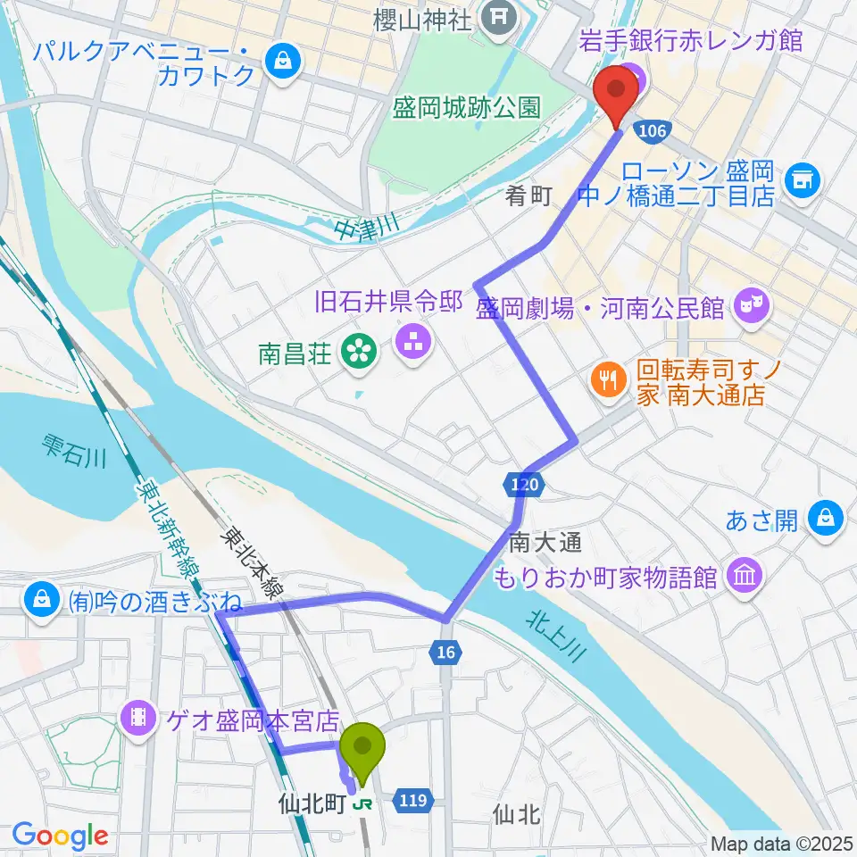 仙北町駅からプラザおでってへのルートマップ地図