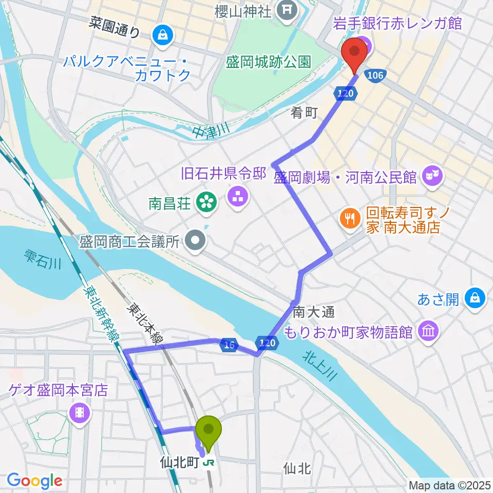 仙北町駅からプラザおでってへのルートマップ地図