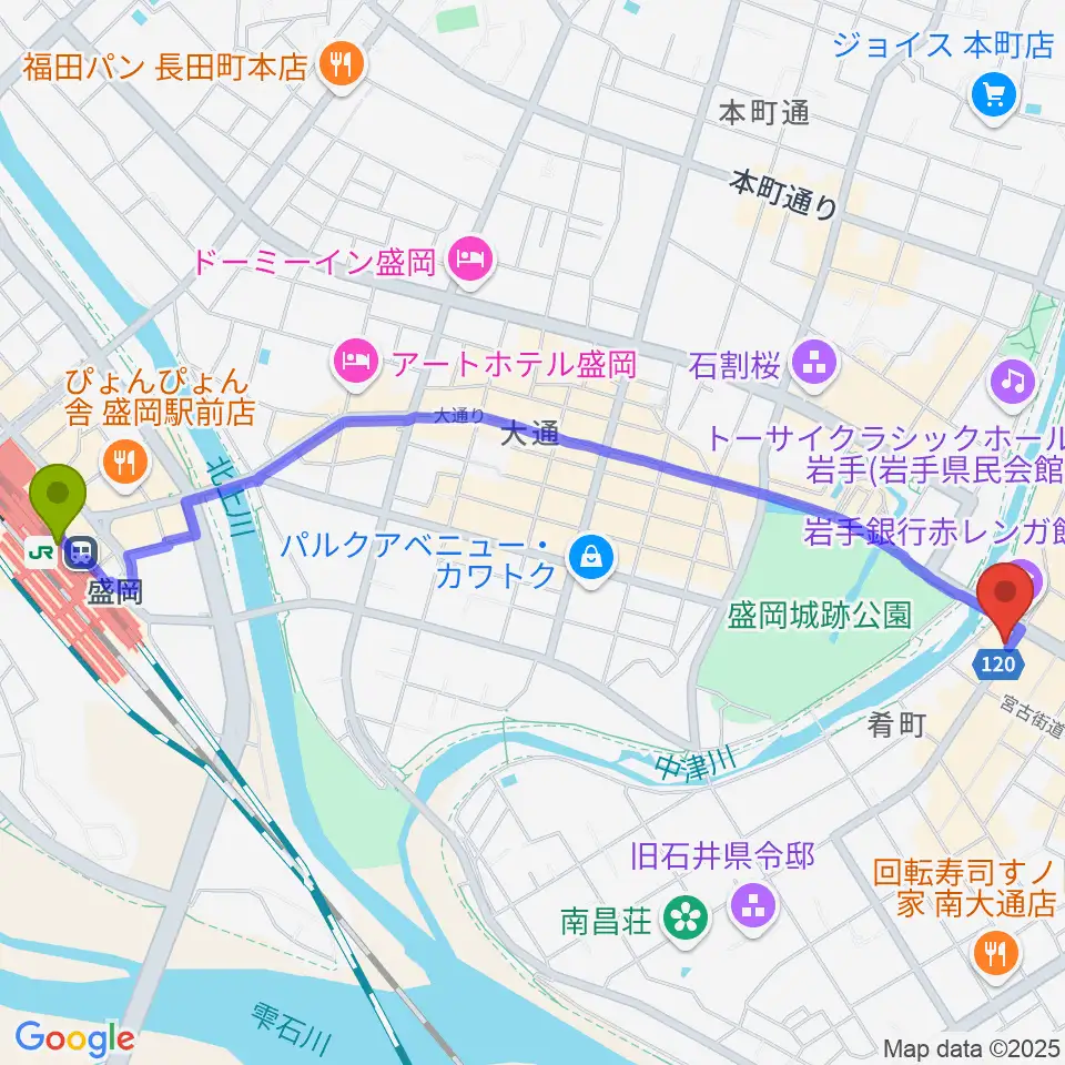 盛岡駅からプラザおでってへのルートマップ地図