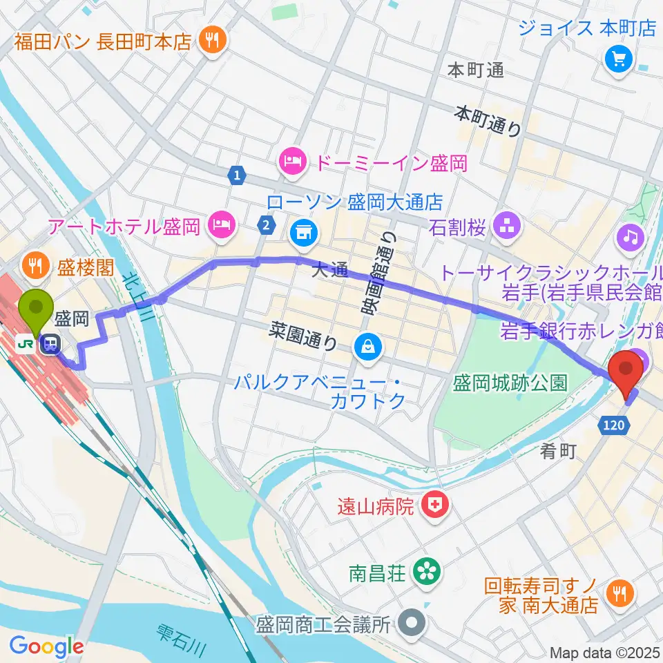 盛岡駅からプラザおでってへのルートマップ地図