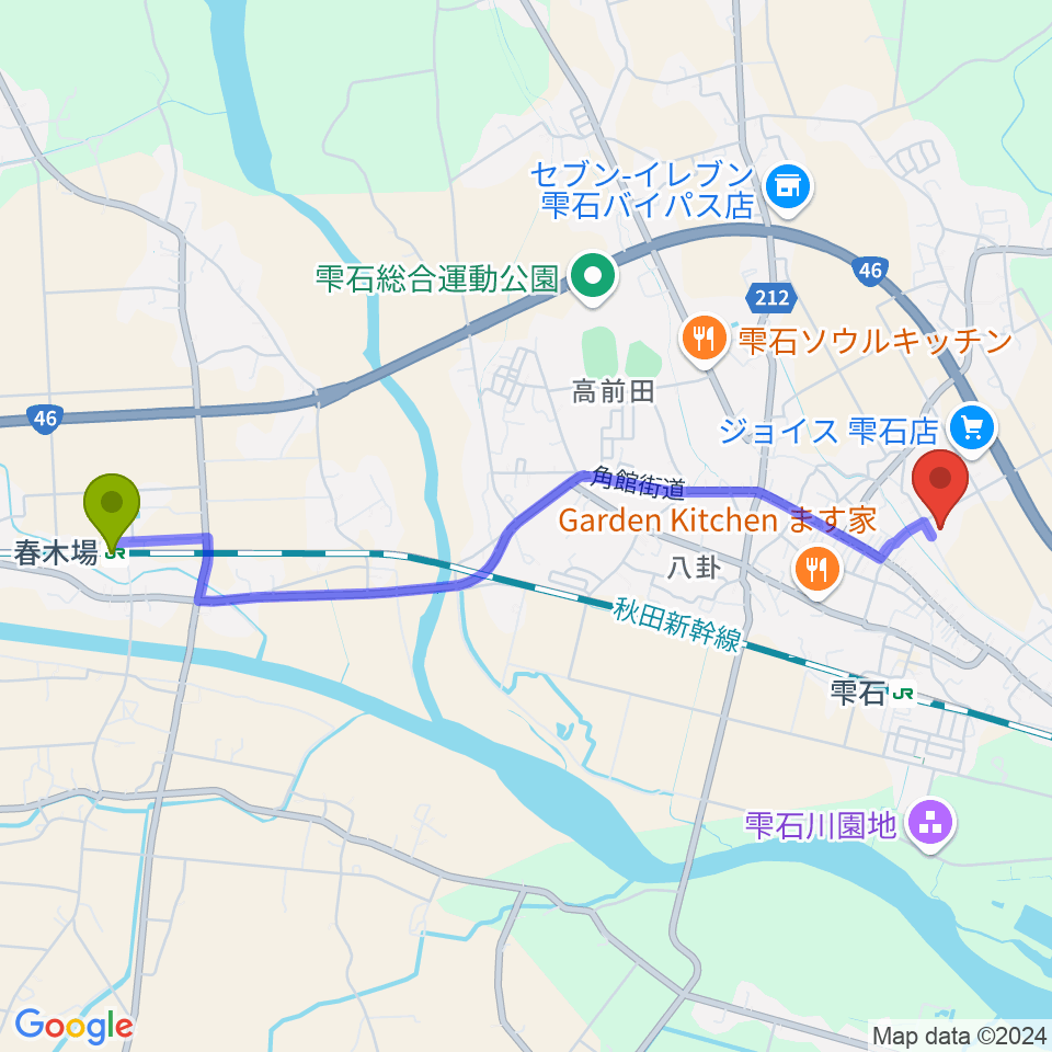 春木場駅から雫石町中央公民館 野菊ホールへのルートマップ地図