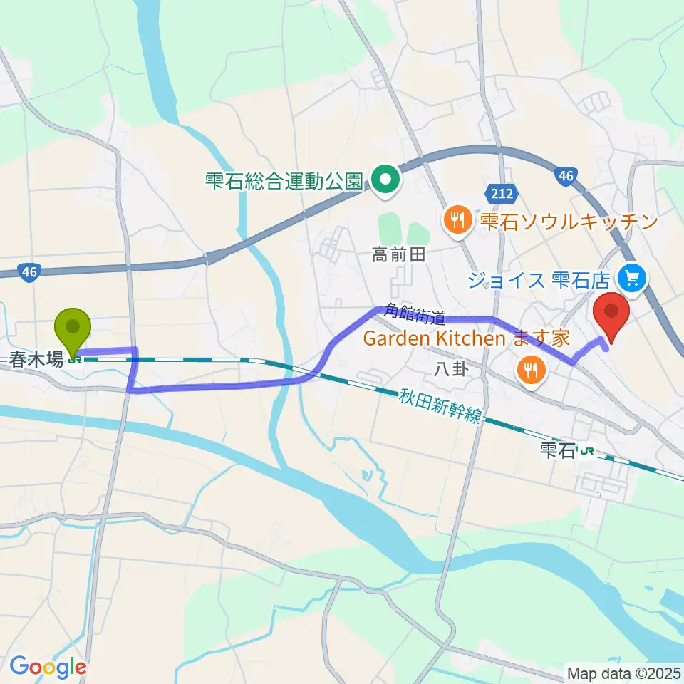 春木場駅から雫石町中央公民館 野菊ホールへのルートマップ地図