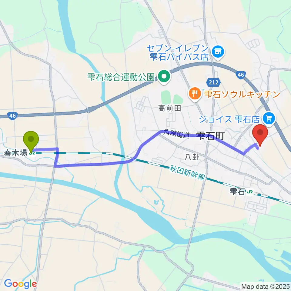 春木場駅から雫石町中央公民館 野菊ホールへのルートマップ地図