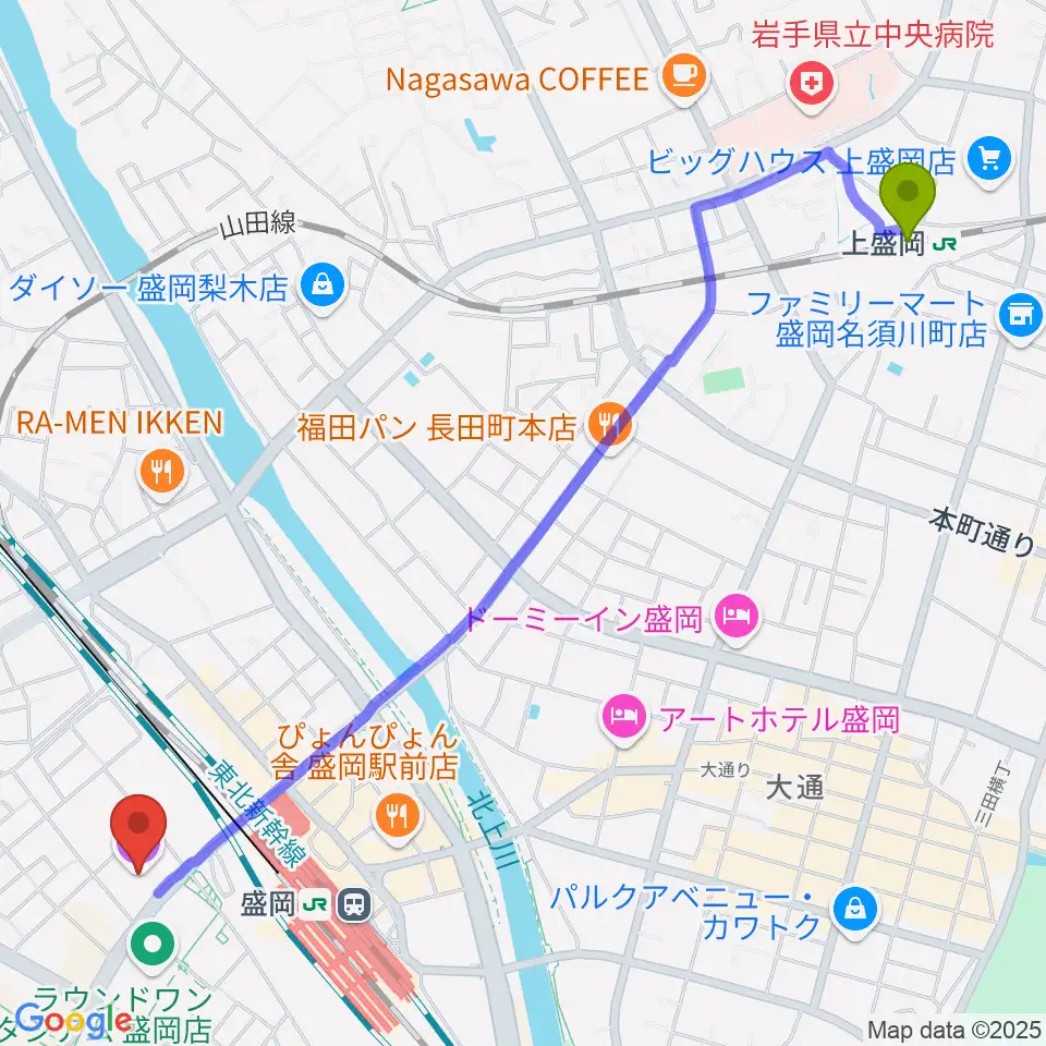 上盛岡駅からいわて県民情報交流センター アイーナへのルートマップ地図