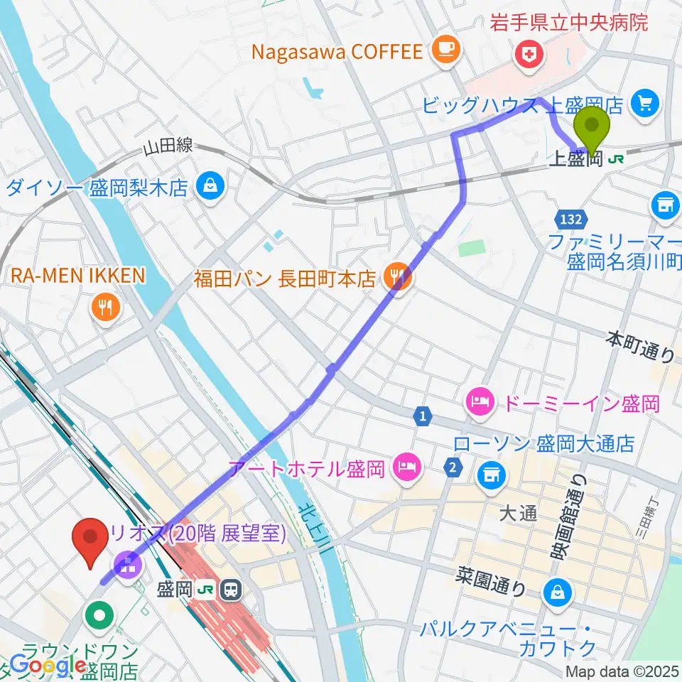 上盛岡駅からいわて県民情報交流センター アイーナへのルートマップ地図