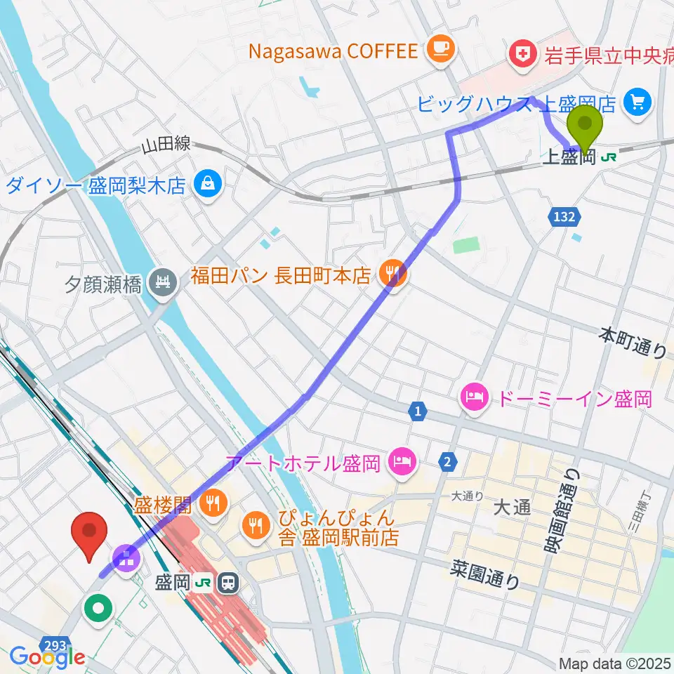 上盛岡駅からキオクシアアイーナへのルートマップ地図