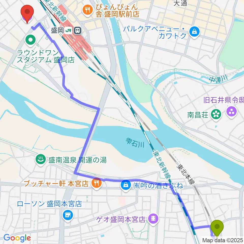 仙北町駅からいわて県民情報交流センター アイーナへのルートマップ地図