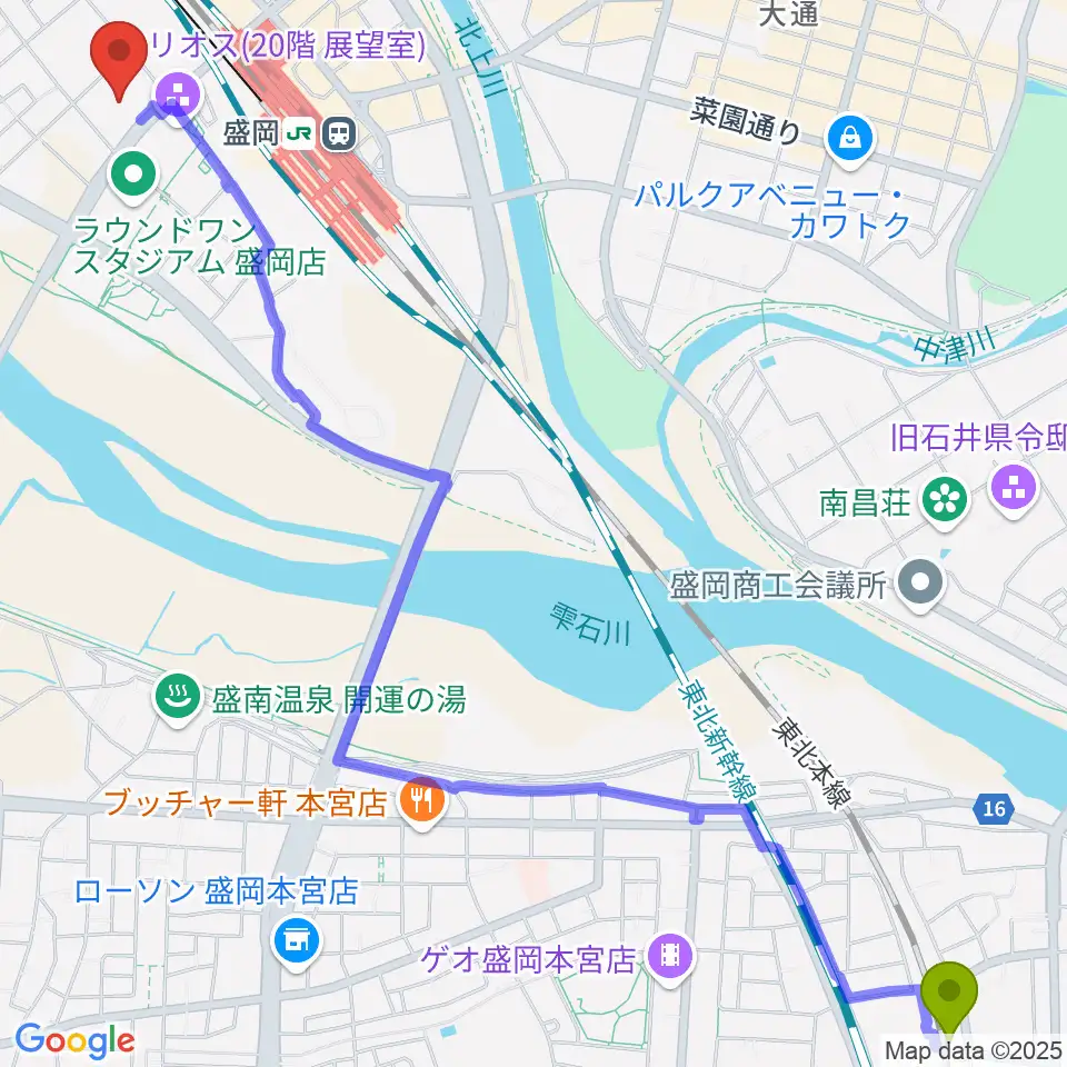 仙北町駅からいわて県民情報交流センター アイーナへのルートマップ地図