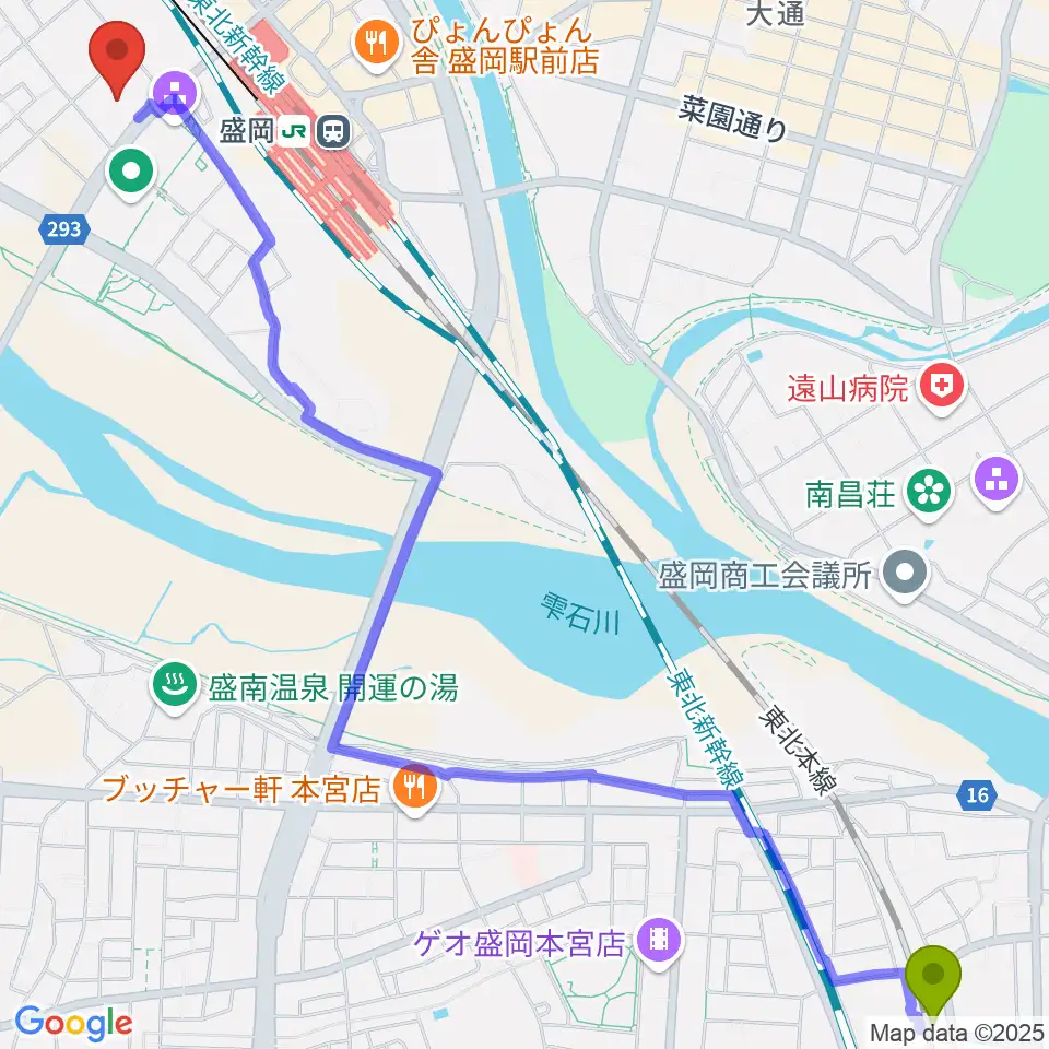 仙北町駅からキオクシアアイーナへのルートマップ地図