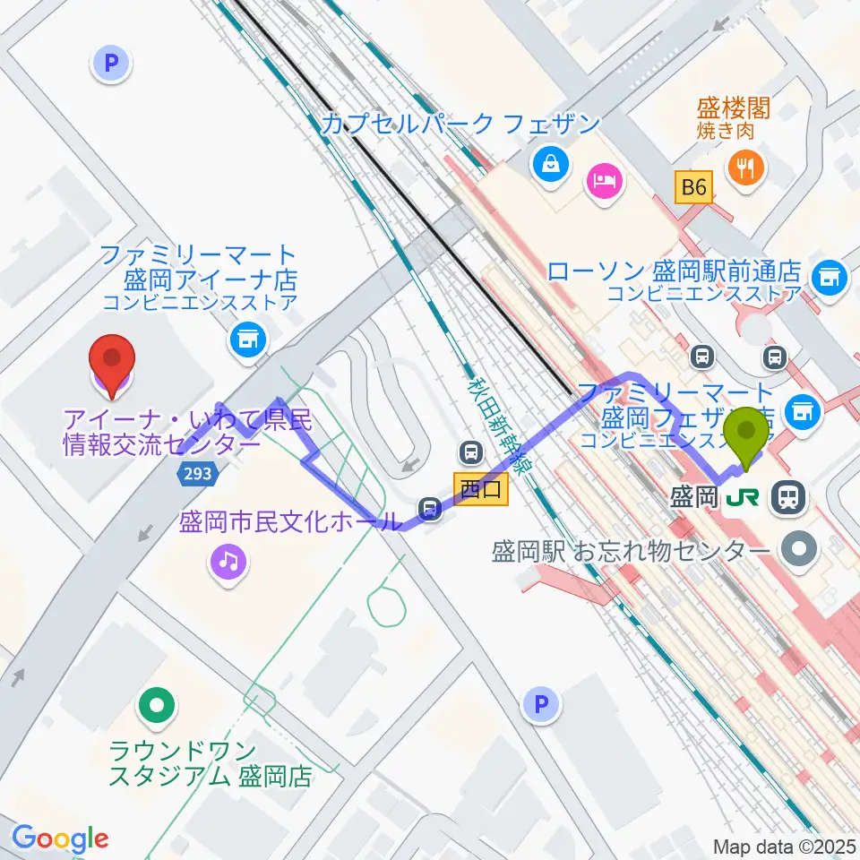 いわて県民情報交流センター アイーナの最寄駅盛岡駅からの徒歩ルート（約5分）地図