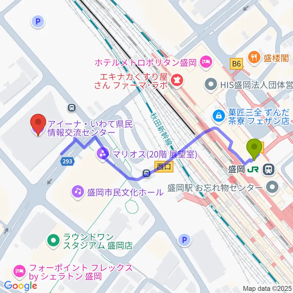 キオクシアアイーナの最寄駅盛岡駅からの徒歩ルート（約5分）地図