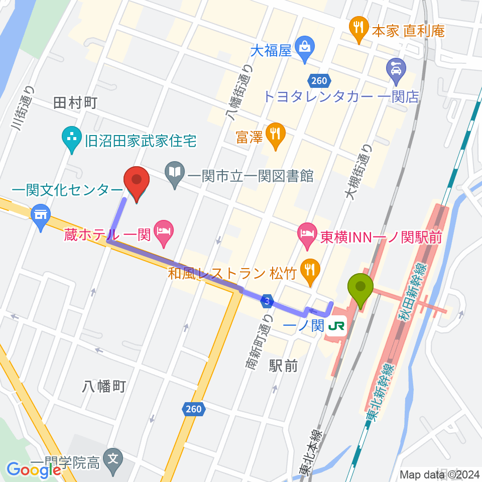 一関文化センターの最寄駅一ノ関駅からの徒歩ルート（約8分）地図