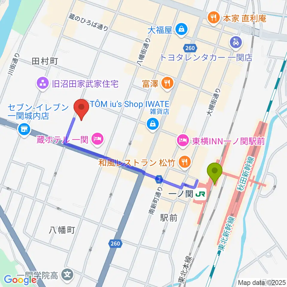 一関文化センターの最寄駅一ノ関駅からの徒歩ルート（約8分）地図