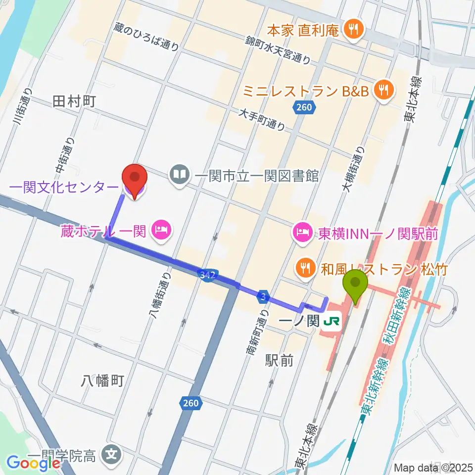 一関文化センターの最寄駅一ノ関駅からの徒歩ルート（約8分）地図