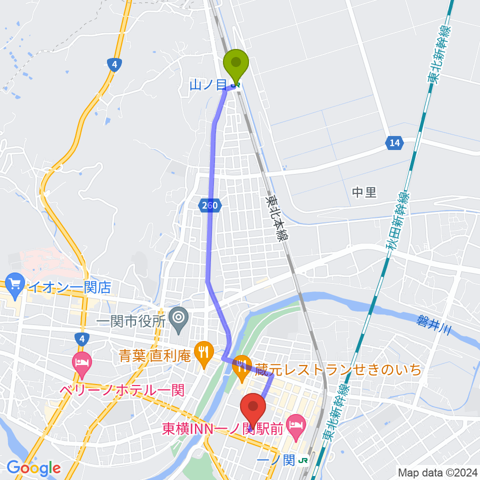 山ノ目駅から一関文化センターへのルートマップ地図