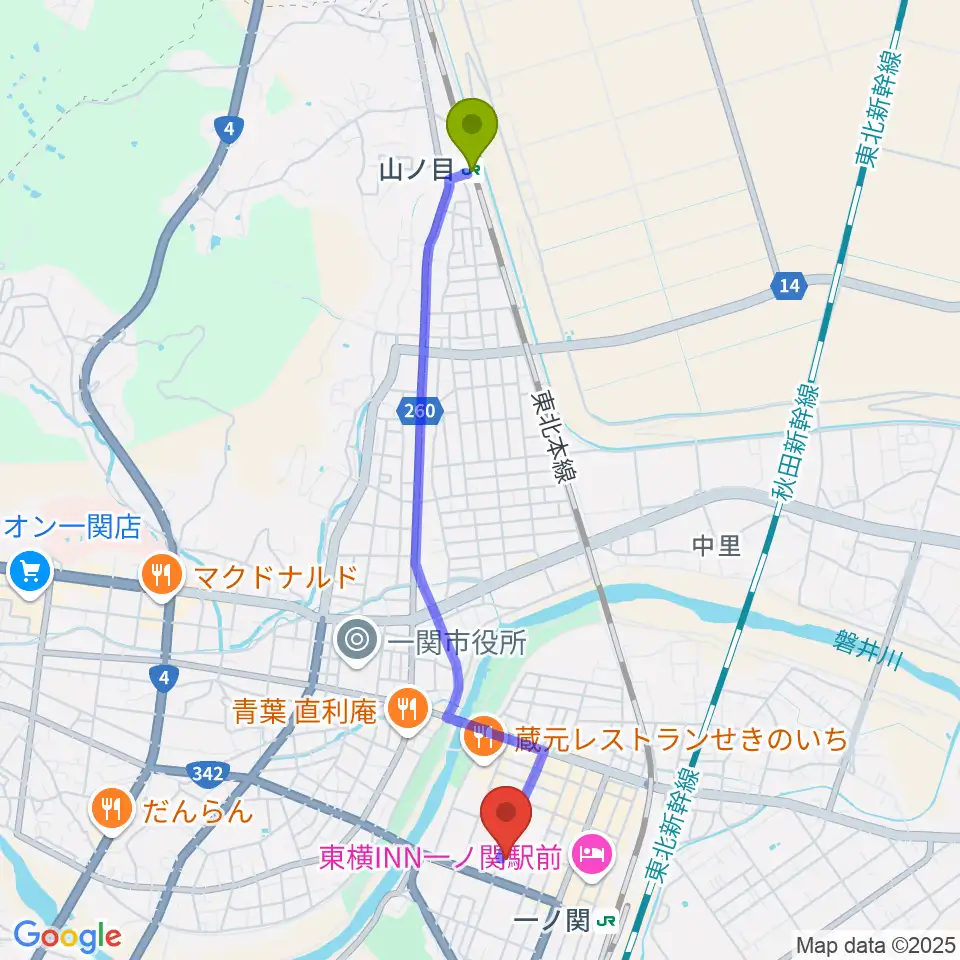 山ノ目駅から一関文化センターへのルートマップ地図