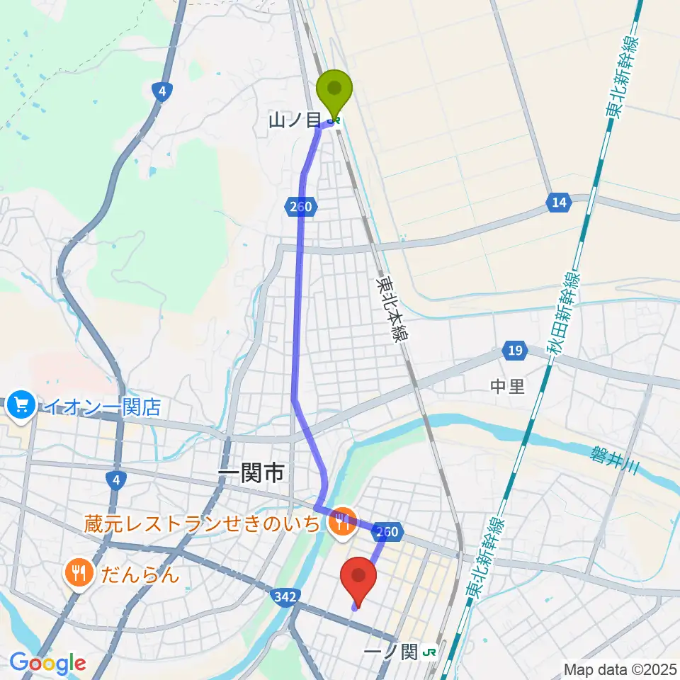 山ノ目駅から一関文化センターへのルートマップ地図