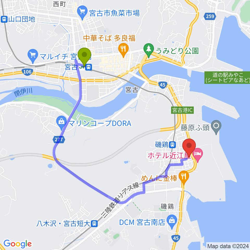宮古駅から宮古市民文化会館へのルートマップ地図