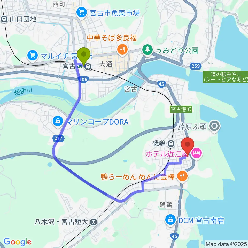 宮古駅から宮古市民文化会館へのルートマップ地図