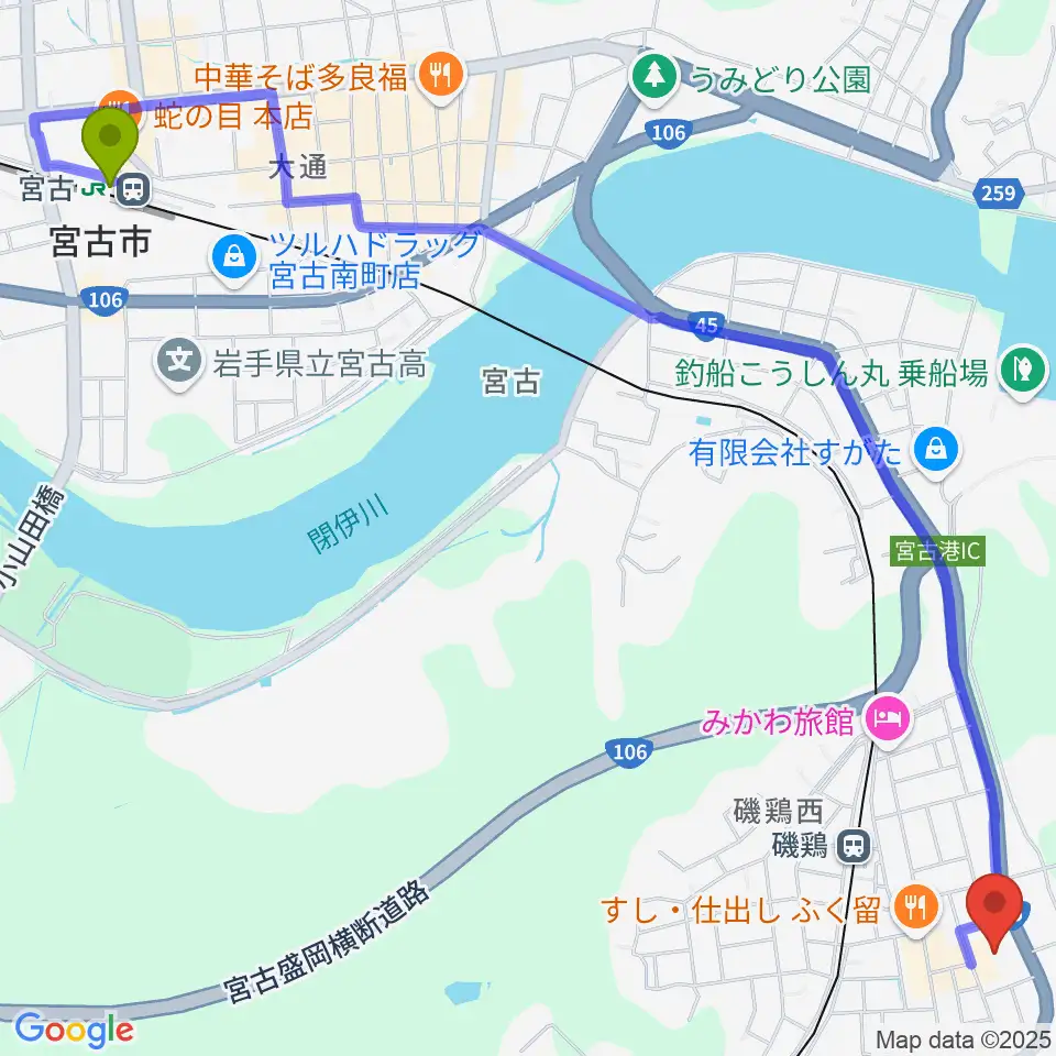 宮古駅から宮古市民文化会館へのルートマップ地図