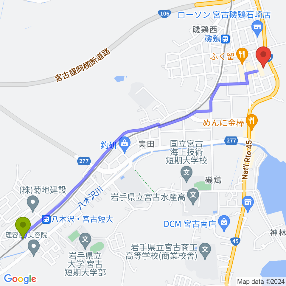 八木沢・宮古短大駅から宮古市民文化会館へのルートマップ地図