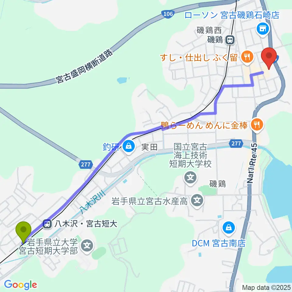 八木沢・宮古短大駅から宮古市民文化会館へのルートマップ地図