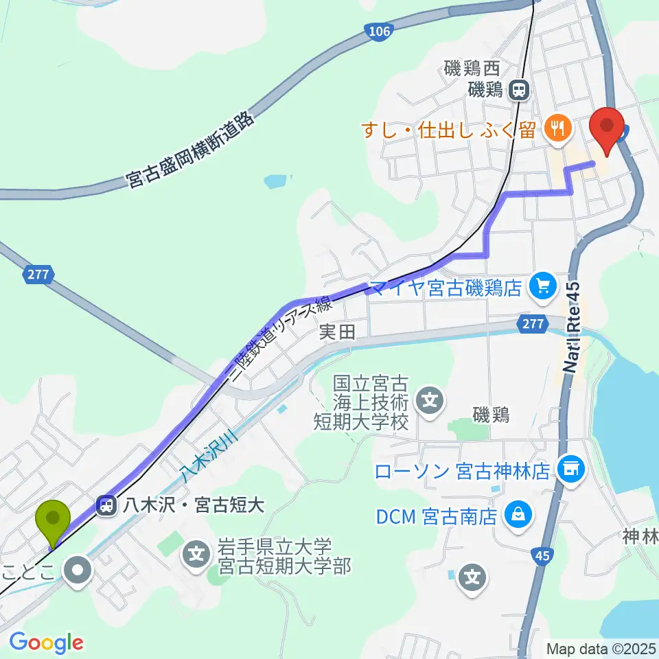 八木沢・宮古短大駅から宮古市民文化会館へのルートマップ地図