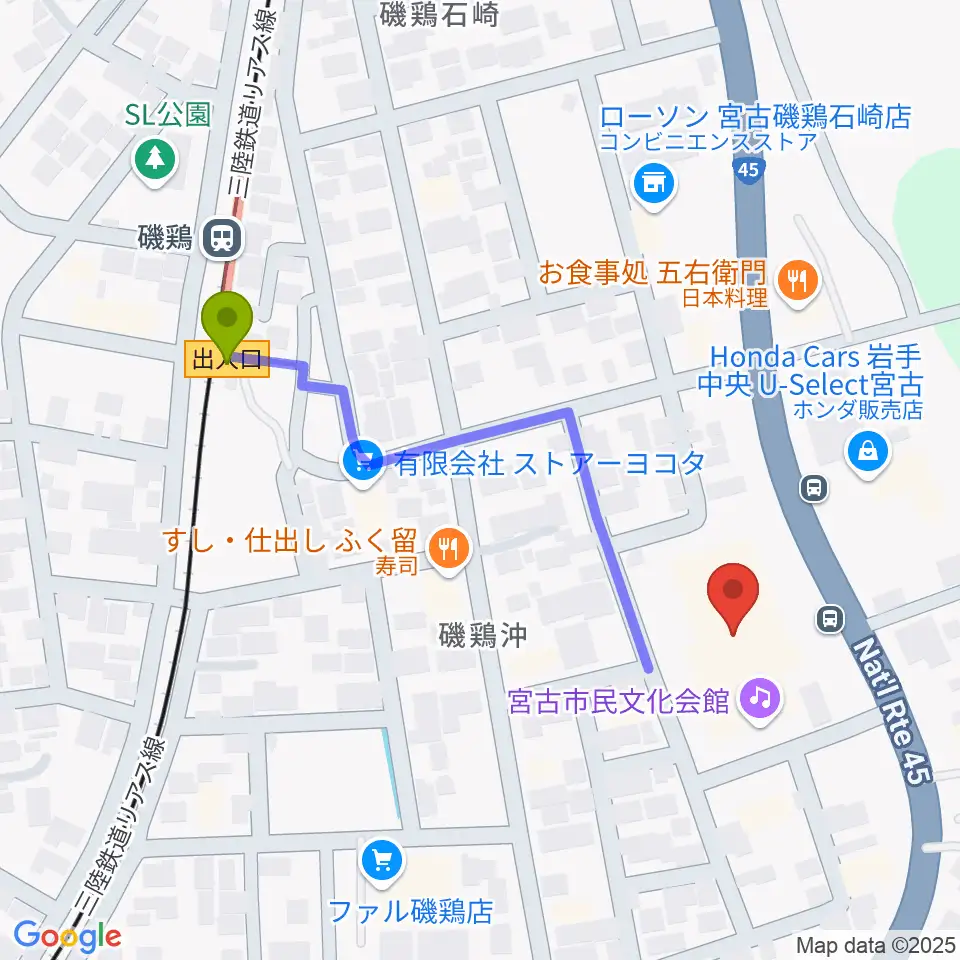 宮古市民文化会館の最寄駅磯鶏駅からの徒歩ルート（約4分）地図