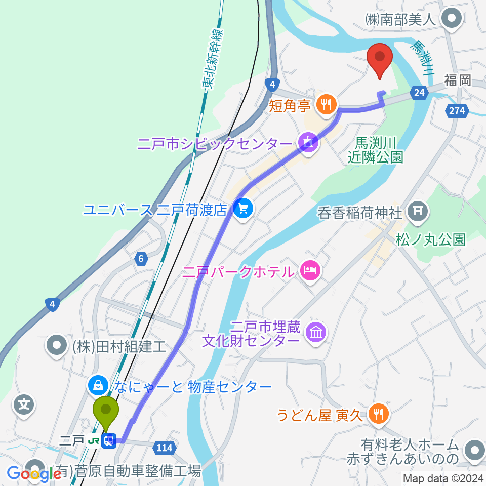 二戸市民文化会館の最寄駅二戸駅からの徒歩ルート（約27分）地図