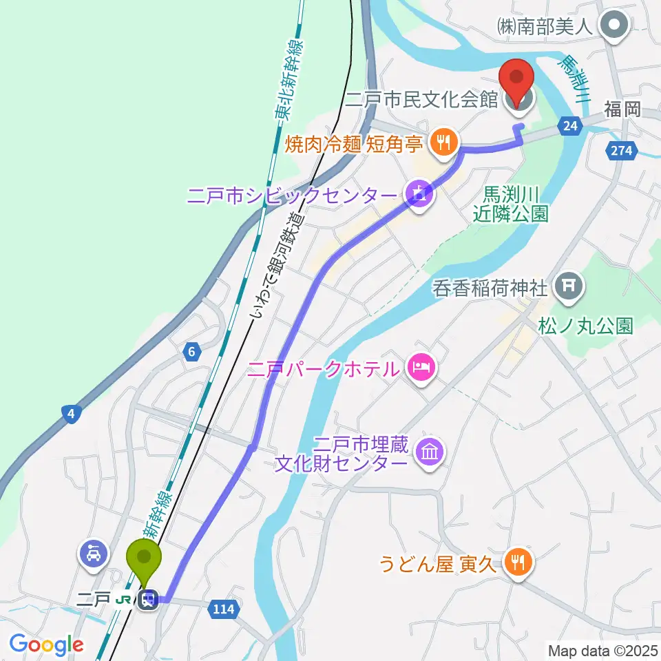 二戸市民文化会館の最寄駅二戸駅からの徒歩ルート（約27分）地図