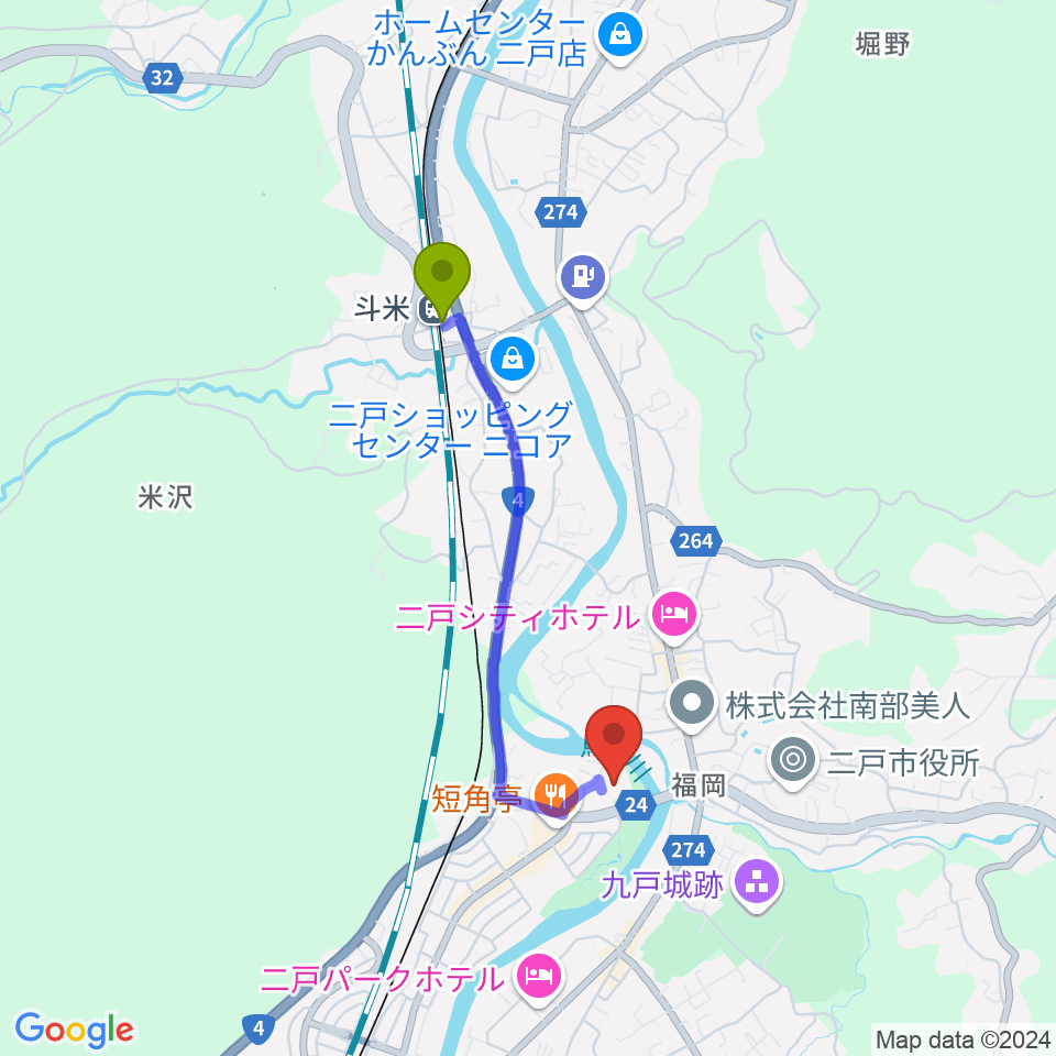 斗米駅から二戸市民文化会館へのルートマップ地図