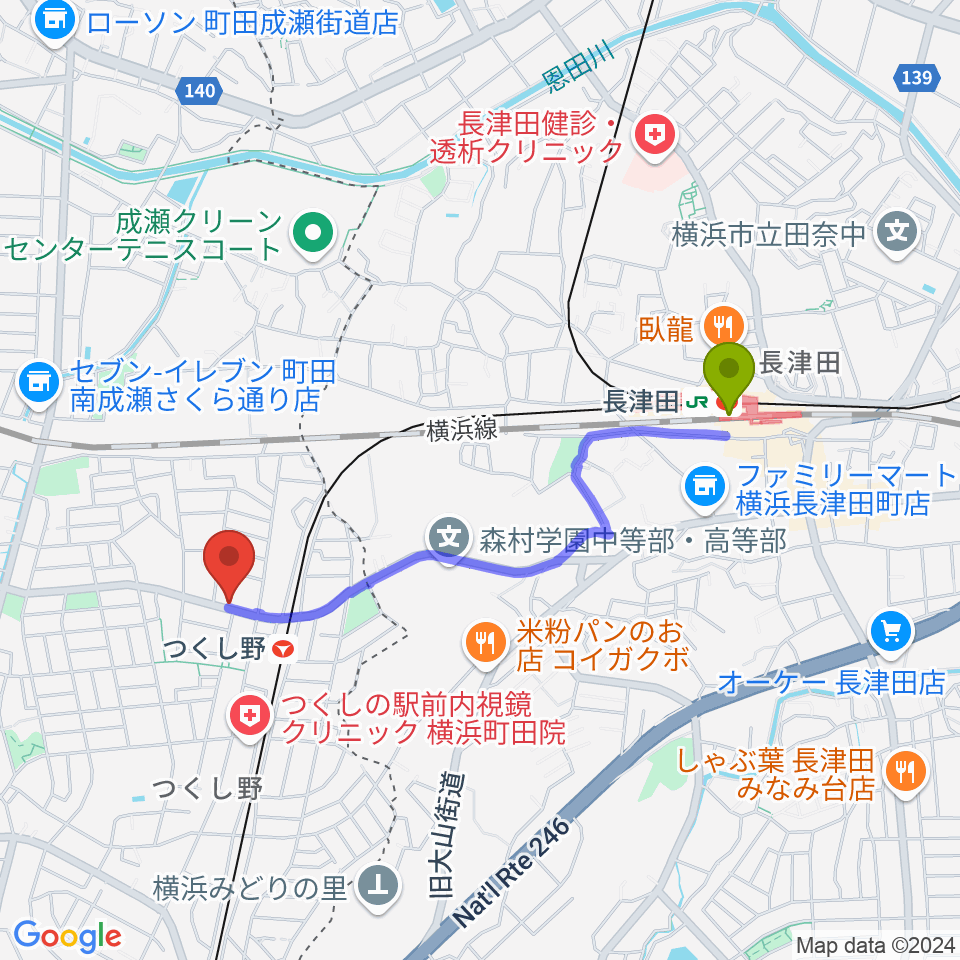 長津田駅からジャズピアノレッスン@GOOD NEWSへのルートマップ地図