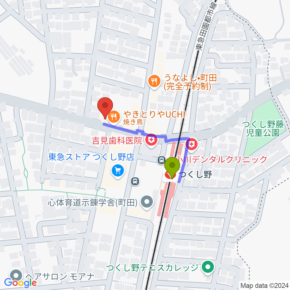 ジャズピアノレッスン@GOOD NEWSの最寄駅つくし野駅からの徒歩ルート（約2分）地図