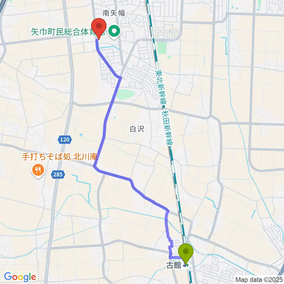 古館駅から田園ホール 矢巾町文化会館へのルートマップ地図