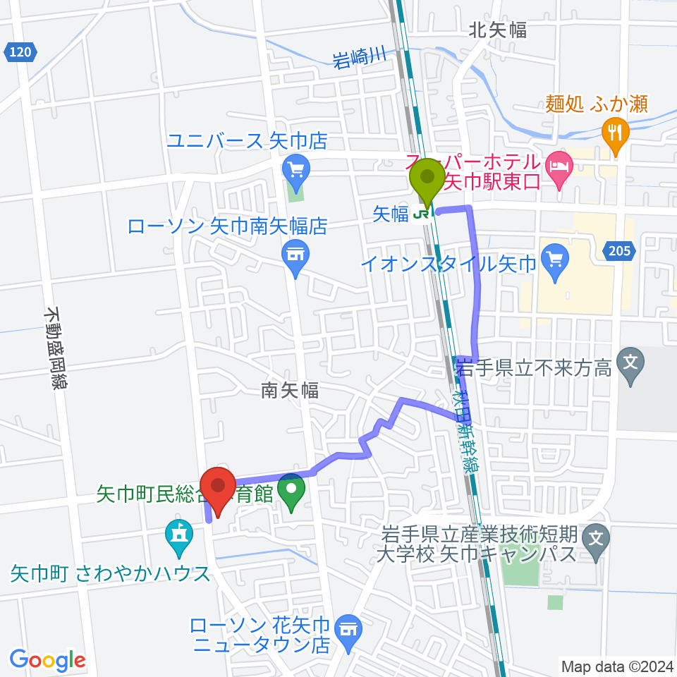 田園ホール 矢巾町文化会館の最寄駅矢幅駅からの徒歩ルート（約16分）地図