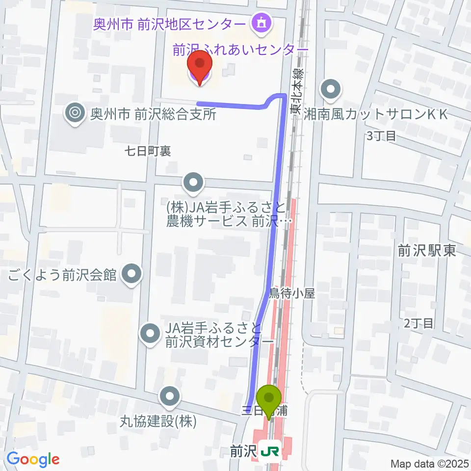 前沢ふれあいセンターの最寄駅前沢駅からの徒歩ルート（約5分）地図