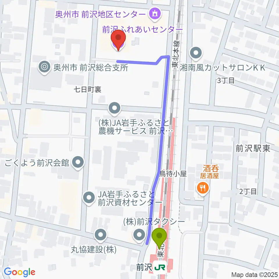 前沢ふれあいセンターの最寄駅前沢駅からの徒歩ルート（約5分）地図
