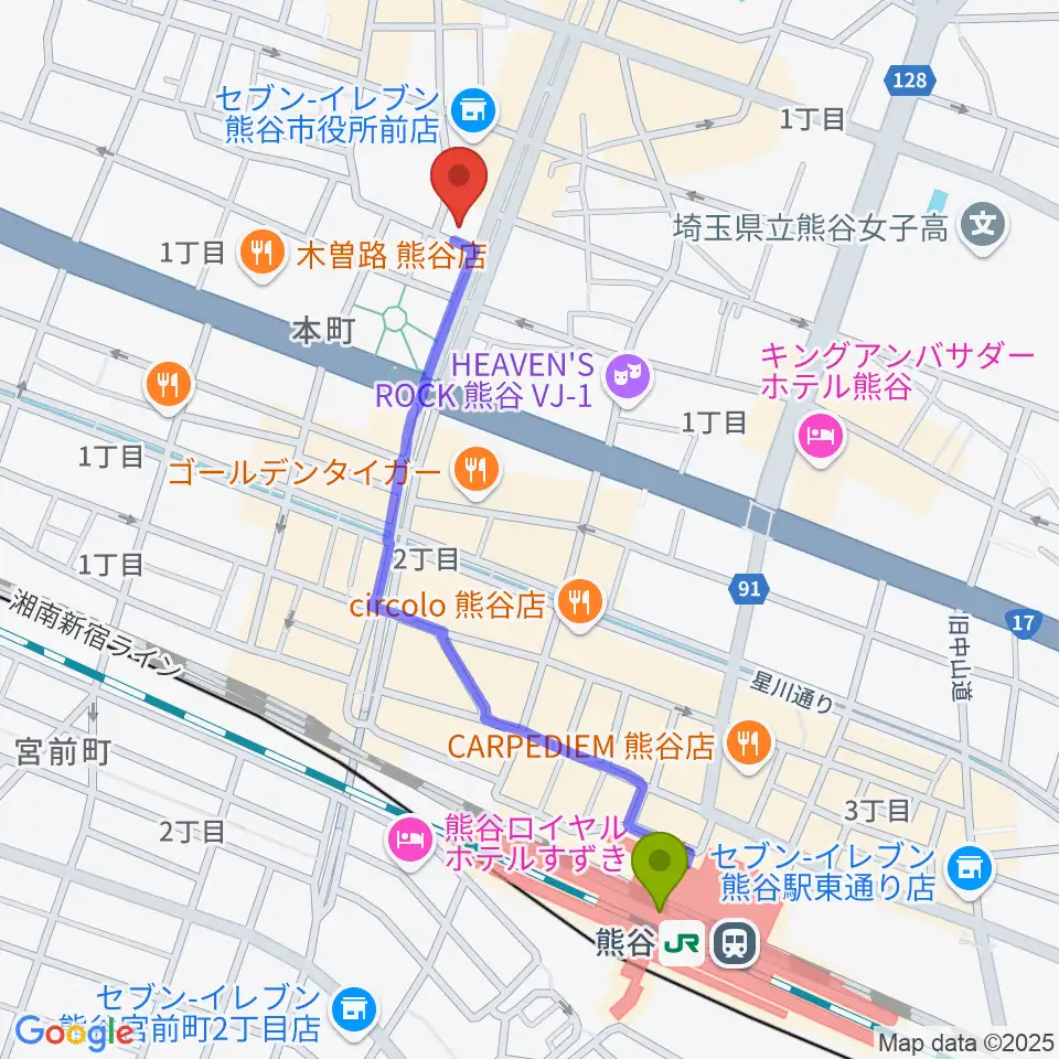 熊谷駅から熊谷ジャンゴへのルートマップ地図