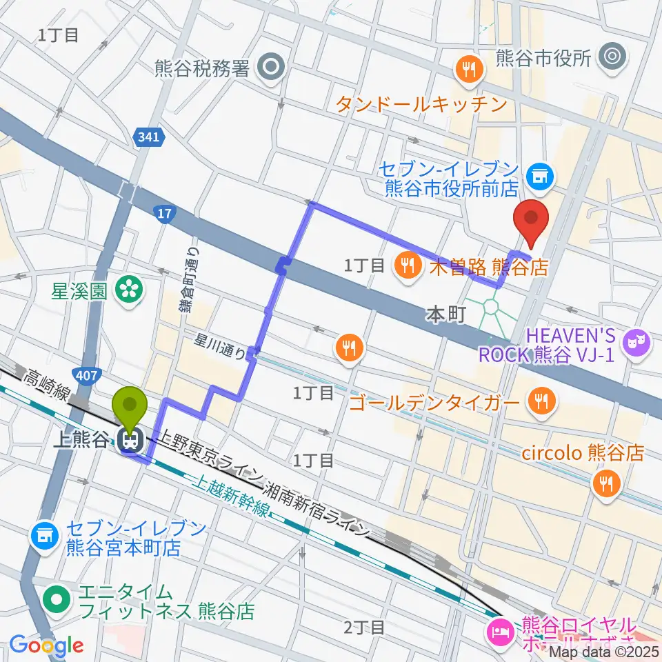 熊谷ジャンゴの最寄駅上熊谷駅からの徒歩ルート（約10分）地図