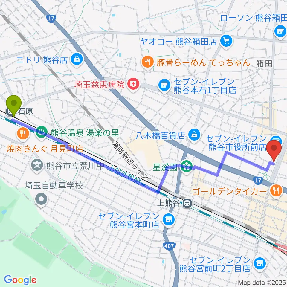 石原駅から熊谷ジャンゴへのルートマップ地図