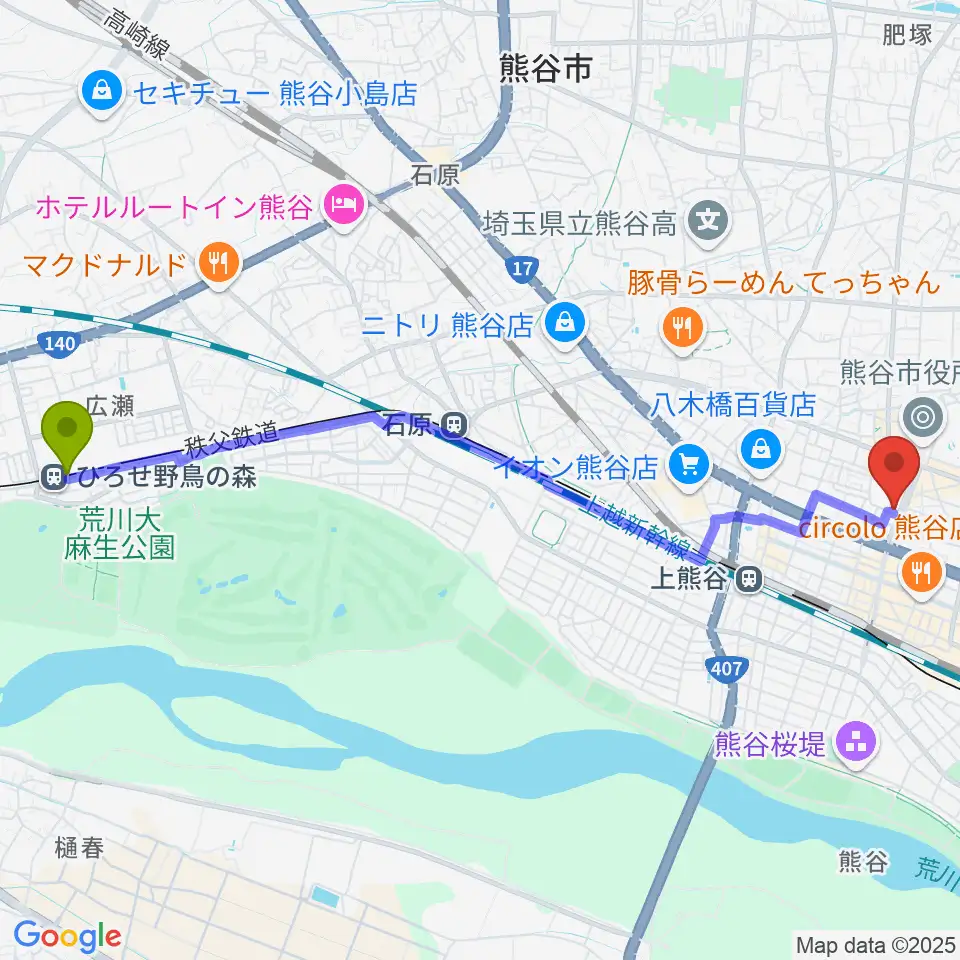 ひろせ野鳥の森駅から熊谷ジャンゴへのルートマップ地図