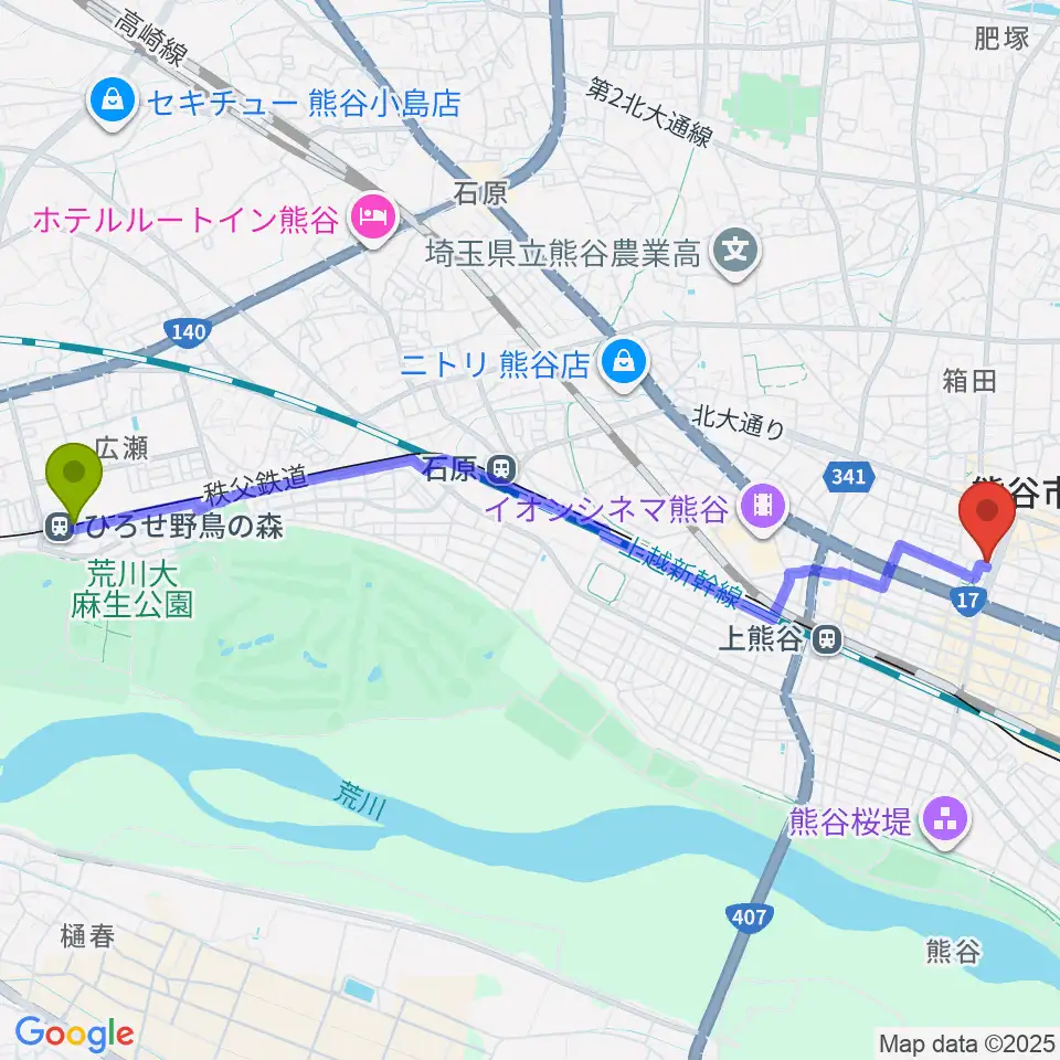 ひろせ野鳥の森駅から熊谷ジャンゴへのルートマップ地図