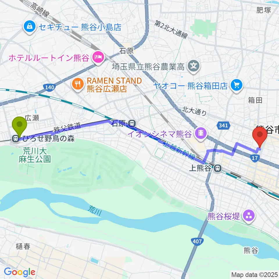 ひろせ野鳥の森駅から熊谷ジャンゴへのルートマップ地図