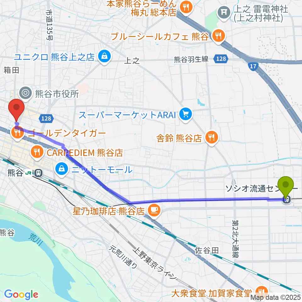 ソシオ流通センター駅から熊谷ジャンゴへのルートマップ地図