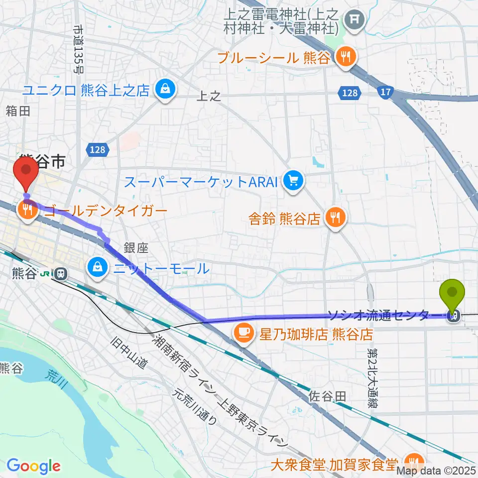 ソシオ流通センター駅から熊谷ジャンゴへのルートマップ地図