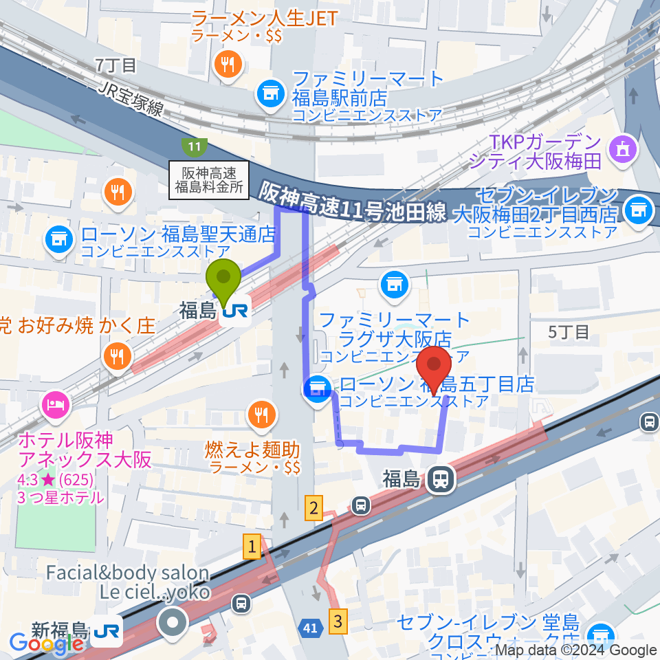 スタジオNECOの最寄駅福島駅からの徒歩ルート（約3分）地図