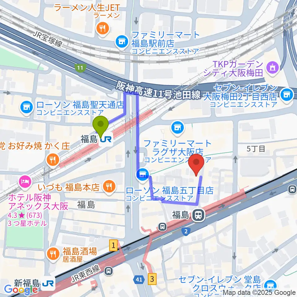 スタジオNECOの最寄駅福島駅からの徒歩ルート（約3分）地図